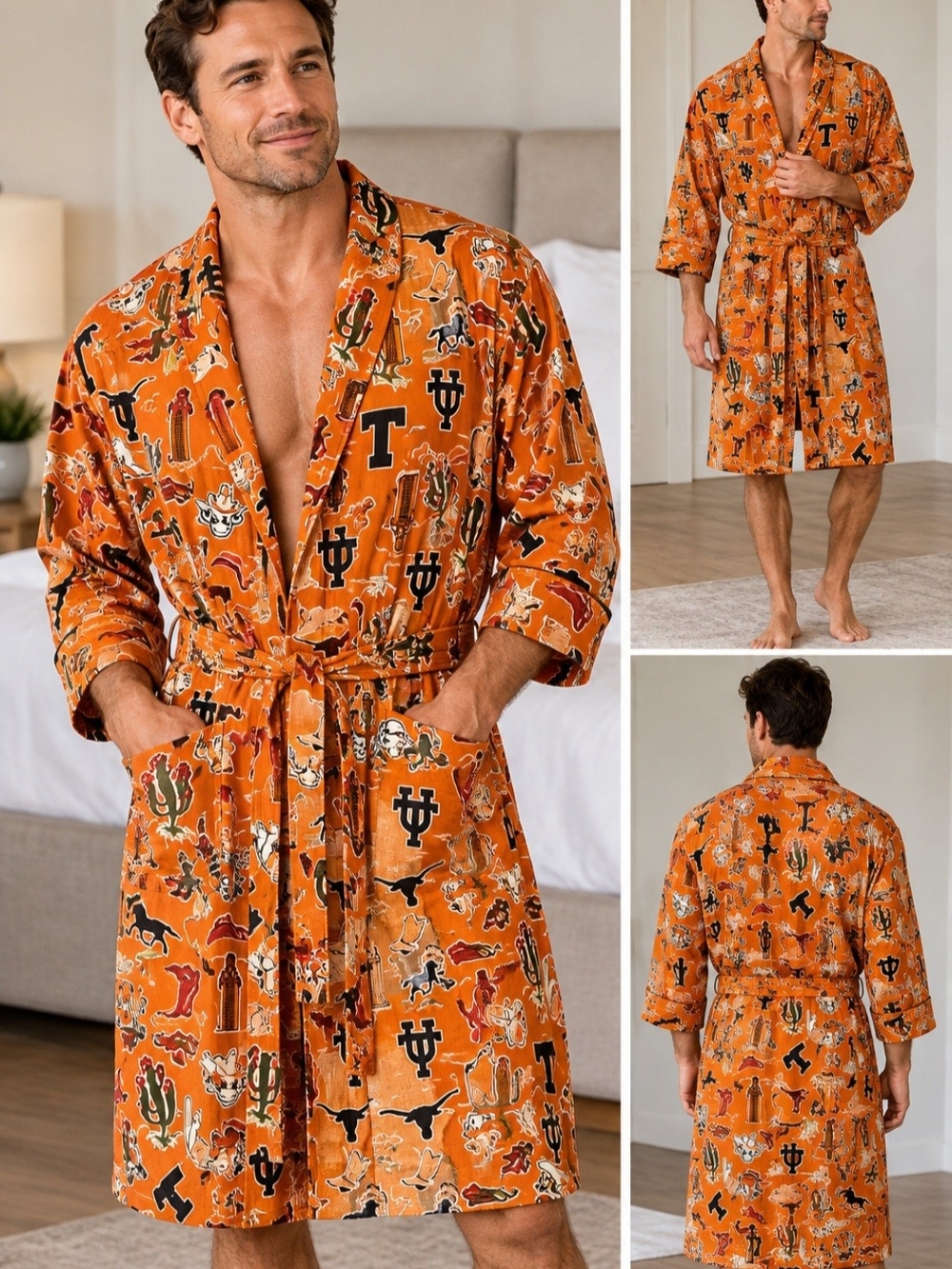 Vintage Rare Reyn Spooner Reyn Sports Mens S/M Texas Longhorns Lounge Rayon Robe